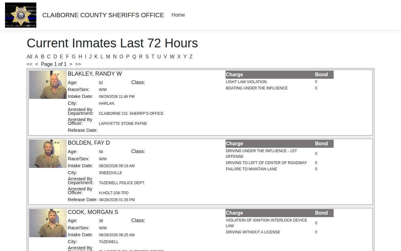 Claiborne County Jail official last 72 hours booking-record portal