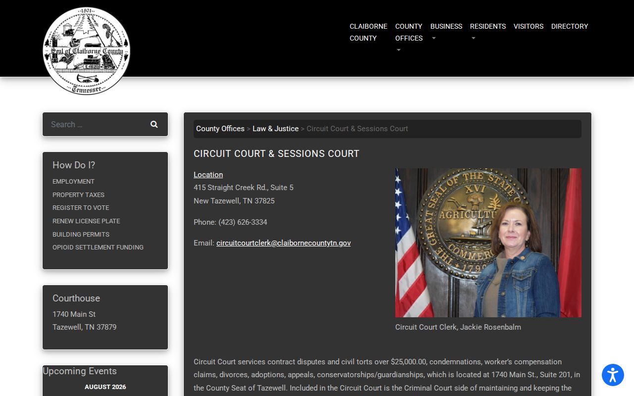 Claiborne County court official warrant and case-record contact page